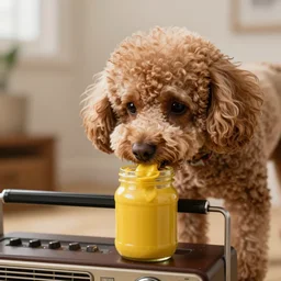 a closeup photorealistic photograph of a poodle eating from a jar of mustard sitting on an old radio. prius is in the background. professional capture. brightly lit scene. this 4 k hd image is trending on artstation, featured on behance, well - rendered, extra crisp, features intricate detail, epic composition and the style of unreal engine.