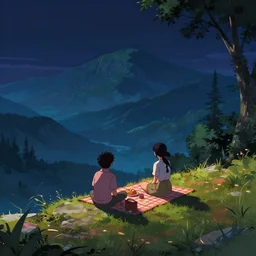 digital art, anime, boy and girl sitting on the ledge of a mountain having a picnic with a beautiful view, creative, concept, vibrant, dark colours