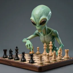 “a studio photo of an alien playing chess”