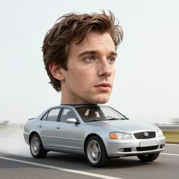 Giant head of david copperfield on a humanoid car, running fast on a californian highway, rays of light, particles light, kuvshinov ilya