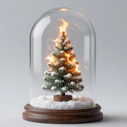 burning exploding christmas tree inside a snow globe, award winning photo, depth of field, dramatic