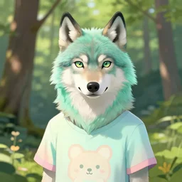 Beautiful portrait drawing of an anthro anthropomorphic mint- colored wolf wearing a cute pastel t-shirt, in Summer, at a forest. digital art