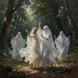 realistic painting of ghosts dancing in the forest