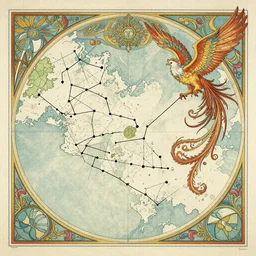 a skymap with a detailed constellation of a phoenix, ornate background with art nouveau frame