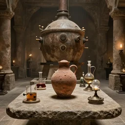 a complex ancient alchemists interior, 4 k, stone table, huge clay gollum, giant athanor, alembic, beakers full of liquid, knobs, glass orbs, candle lighting, octane render, natural color scheme, architectural photography, f 3 2, still from movie by david lynch,