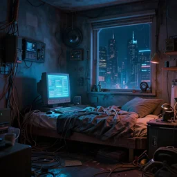 cozy 9 0 s bedroom retrofuturism, cluttered, wires everywhere, computer, window, at night, lit only by the luminescent computer screen, cyberpunk city, dramatic lighting, alien technology, detailed by simon stalenhag