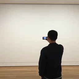 someone seen from behind standing in an empty gallery contemplating over the empty opposite wall but talking a selfie, photo taken with provia