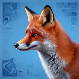 portrait of fox, in the style of Greg Broadmore and Arthur Rackham and Moebius,trending on artstation, light lighting side view,digital art,surrealism ,macro,blueprint ,vaporwave ,