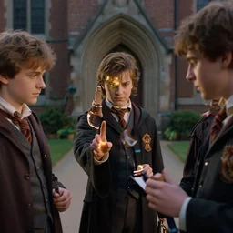 sharp, detailed, film still from a 2 0 1 9 sci fi color movie, set in 1 8 5 0 in an alternate universe, mid distant shot of three students practicing magic, outside the school of magic, 1 8 5 0 s clothing, atmospheric lighting, in focus, reflective faces, 3 5 mm macro lens, live action, good special effects