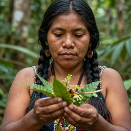 a beautiful close up portrait of an indigenous woman preparing plant medicines in the jungle, highly detailed