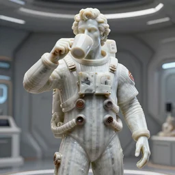 portrait of a single handsome italian male onyx statue wearing striped haute couture futuristic astronaut suit and drinking, overisize mug of coffee in a futuristic setting, 3 d photorealistic, parts by beksinski, parts by goro fujita, parts by yue minjun