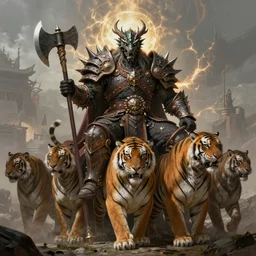 fantasy character portrait, orc king in spiky armor with an aura, wearing a dragon mask,'sitting on tiger cavalry ', holding an axe, ultra realistic, wide angle, intricate details, highly detailed by peter mohrbacher, hajime sorayama, wayne barlowe, boris vallejo, aaron horkey, gaston bussiere, craig mullins