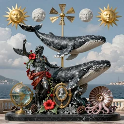 tilt shift, gulf, italian, Naples, Pompeian, Athene, whale, narval, poseidon, naval battle, italian masterpiece, faberge, wind, sky in background, wind rose, Ashford Black Marble, sculpture, baroque,  draped with red Hibiscus and vines and spines, puffy clouds, suns, moons, drapes, armour, medieval globe, glass, portrait, kraken, mermaid, nautilus, pinecone, octopus, render, artstation, ultra detailed