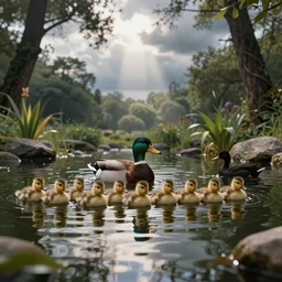 one large duck swimming and many small ducklings in a row, 1 black duckling, in a pond, around trees, plants and rocks, bright sky, gray clouds, rays of light, dramatic atmosphere, reflections, highly detailed, cinematic lighting, perfect composition, 4 k, gustave dore, derek zabrocki, greg rutkowski, belsinski, octane render