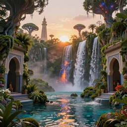 beautiful oasis waterfalls surrounded by alien trees, moroccan tile archways, moss covered walls, ivory towers, sun setting, ross tran, nephilim, pyroclastic flow, ethereal, fantasy, james jean, oozium, peter morbacher, angelarium, alchemy, luxury, heavenly light, soft illumination, trending on artstation, cinematic lighting, digital painting, octane render, artgerm