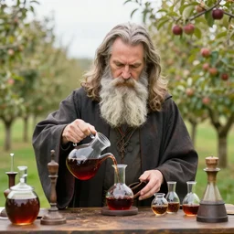 beautiful professional portrait photograph of a wizard with a very long beard brewing potions in an apple orchard