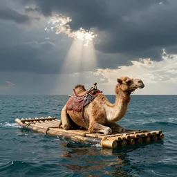 a camel sitting on a homemade wooden raft in the ocean
