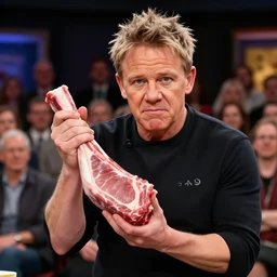 photo of gordan ramsay looking mad holding a raw porkchop in his hand on set in front of the audience, highly detailed, extremely high quality, hd, 4 k, 8 k, professional photographer, 4 0 mp, lifelike, top - rated, award winning, cinematic, realistic, detailed lighting, detailed shadows, sharp, no blur, edited, corrected, trending