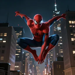 beautiful expressive digital painting of ( ( spider - man, centered, lit in cinematic rim lighting swinging across buildings at night time, dramatic!!!!! pose ) beautifully lit nighttime city, cinematic rim lighting, epic!!!!! dark gritty atmosphere, stunning digital painting, hyper detailed, 4 k, high quality, smooth, sharp focus