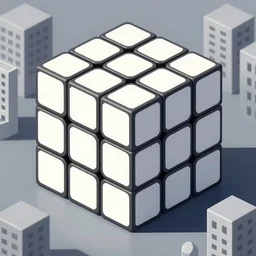 digital illustration of a rubiks cube in cubic city by frank auerbach