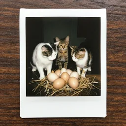 polaroid image of cats hatching from eggs