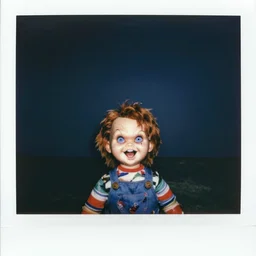 screaming chucky doll at bottom of dark ocean expired film polaroid