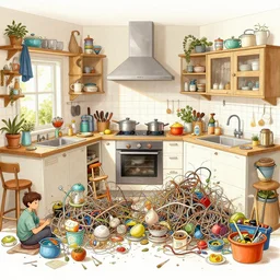 overcrowded overrwrought busy pleasing palette illustration busy cluttered overgrown tangled mess kitchen maximalist
