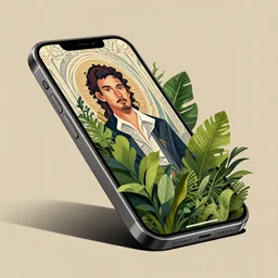 ( ( dither ) ), editorial illustration portrait of an angled 3 d iphone with foliage growing out of the display, modern art deco, ( ( mads berg ) ), christopher balaskas, victo ngai, rich grainy texture, detailed, dynamic composition, wide angle, matte print