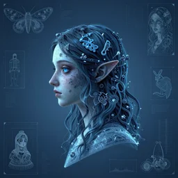 portrait of triangular mothfolk woman head and shoulders, in the style of Greg Broadmore and junji ito and Arthur Rackham and Moebius, trending on artstation, light lighting side view,digital art,surrealism ,macro,blueprint ,vaporwave ,