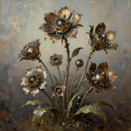 beautiful steampunk mechanical flowers, detailed oil painting,