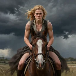angry Maisie Williams leading the charge on horse as a ruggedly muscled handsome heroine, intricate, elegant, highly detailed, centered, digital painting, artstation, concept art, smooth, sharp focus, illustration, artgerm, donato giancola, Joseph Christian Leyendecker, WLOP, Artgerm, thunder storm