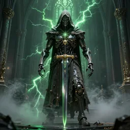 character design, biomechanical arcanist in church, holy sword, tattered robe and hood, green lightning, fog, scary, arrogant, hostile, photorealistic, cinematic, hyper realistic, octane render, 8 k, full shot