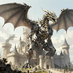intricate fantasy comic book drawing of a giant mechanical dragon over a castle by dariusz zawadski and simon stalenhag, simon bisley, jack kirby and gris grimly, cinematic, epic, awesome color palette