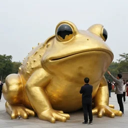 people worship a huge golden frog statue