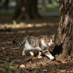 super highly realistic cat running to the shadows of a tree in the nature