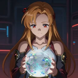beautiful portrait of anime girl Asuna from Sword Art Online reading transparent crystal ball, smooth concept art, rich cyberpunk colors, moody volumetric lighting, 4K