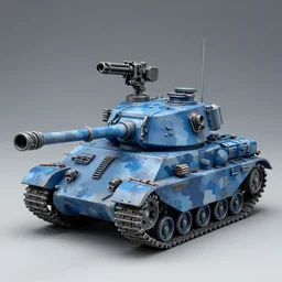 a futuristic battletank with blue camouflage paint, double barreled main gun, heavy machinegun on top, science fiction, simon stalenhag, detailed painted games workshop miniature
