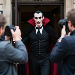 candid paparazzi photo of a drunk bela lugosi as dracula leaving a nightclub, 1 9 9 1 photograph, national enquirer