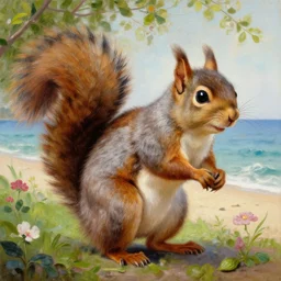 a giant fluffy squirrel ca hbrrying napoleon bonaparte on its back, beach scene, flowers and foliage, detailed oil painting