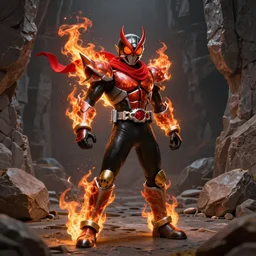 Demonic Kamen Rider with a red scarf made of fire billowing behind him and Skull Gauntlets on his hands standing in a rock quarry, full body single character, League of Legends Character Splash Art, high quality, 4k, concept art, illustration, rubber suit, Arcane style, value control,