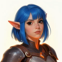illustrated realistic tilted head portrait female prong-horned kobold with blue bob hair with black-eyes wearing strap leather armor, orange glow, backlit by rossdraws
