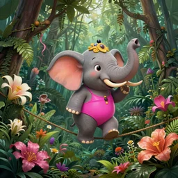 cartoon elephant wearing a fuchsia bikini on a tightrope, thick jungle, luscious flowers, cute, fantasy, intricate, elegant, highly detailed, digital painting, 4k, HDR, concept art, smooth, sharp focus, illustration, art by artgerm and H R Giger and alphonse mucha