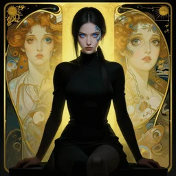 cyberpunk full shot, sitting, very detailed, cgsociety, artstation, female, black clothing, dark hair, clean, symmetry, blue eyes, intricate, impossible beauty, golden ratio, eye implant bionic, ponytail, staring in the void, art by krenz cushart and artem demura and alphonse mucha