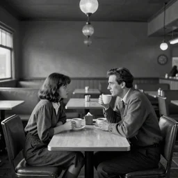 a man and a girl seated face to face, having coffe in an empty diner, storyboard panel by syd mead, large shot, frontal view, grayscale pantone