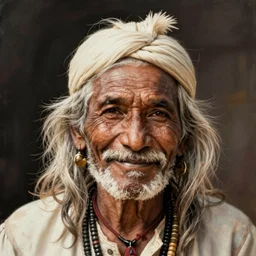 a lithograph of an old indian man smiling