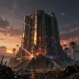 building by albert bierstadt, bioshock matte painting laser bladerunner 2 0 4 9 jupiter sunset synthwave azeroth thermal vision infrared cosmic lightpaint sci - fi wilderness cgsociety sunlight tundra desert nightsky fisheye nature assassin's creed magic realism junglepunk at dawn, archdaily, wallpaper, highly detailed, trending on artstation.