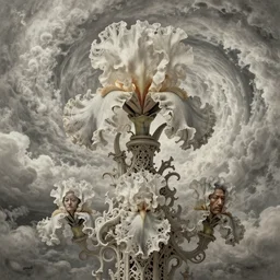 divine chaos engine by karol bak and ruan jia and vincent van gogh, desaturated warm neutral colors, iris van herpen visionary dreamscape, symbolist, james jean spiraling clouds, imagination, daydreams and nightmares, otherworldly, ethereal, fractal lace, ornate gothic organic filigree, 1 5 0 mm