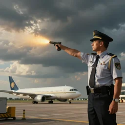 airport authorities pointing weapon!! at spices!!!!!!, satire, dramatic, hyperdetailed, cinematic lighting