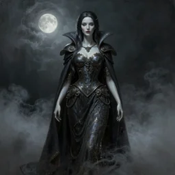 ultra realist and ultra intricate detailed soft painting of a beautiful steampunk porcelain vampire female queen wearing long dress and cape, thin lustrous long dark hair, symmetry features, sensual gloomy style, volumetric dense fog, cinematic, 8k resolution, photorealistic, digital painting, dark atmosphere, artstation, concept art, sharp focus, moonlight background, artstation trending, octane render, unreal engine