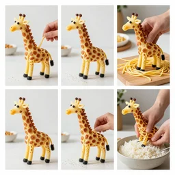 making of an edible giraffe from noodles and rice in 4 steps, from the beautiful'how to make food art step by step collection ', dslr
